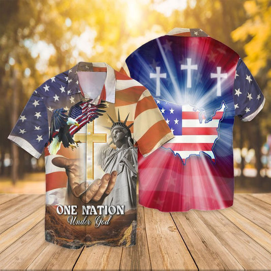 LE - 4th Of July Independence Day American Flag Jesus One Mation Under God Eagle Hawaiian Shirt