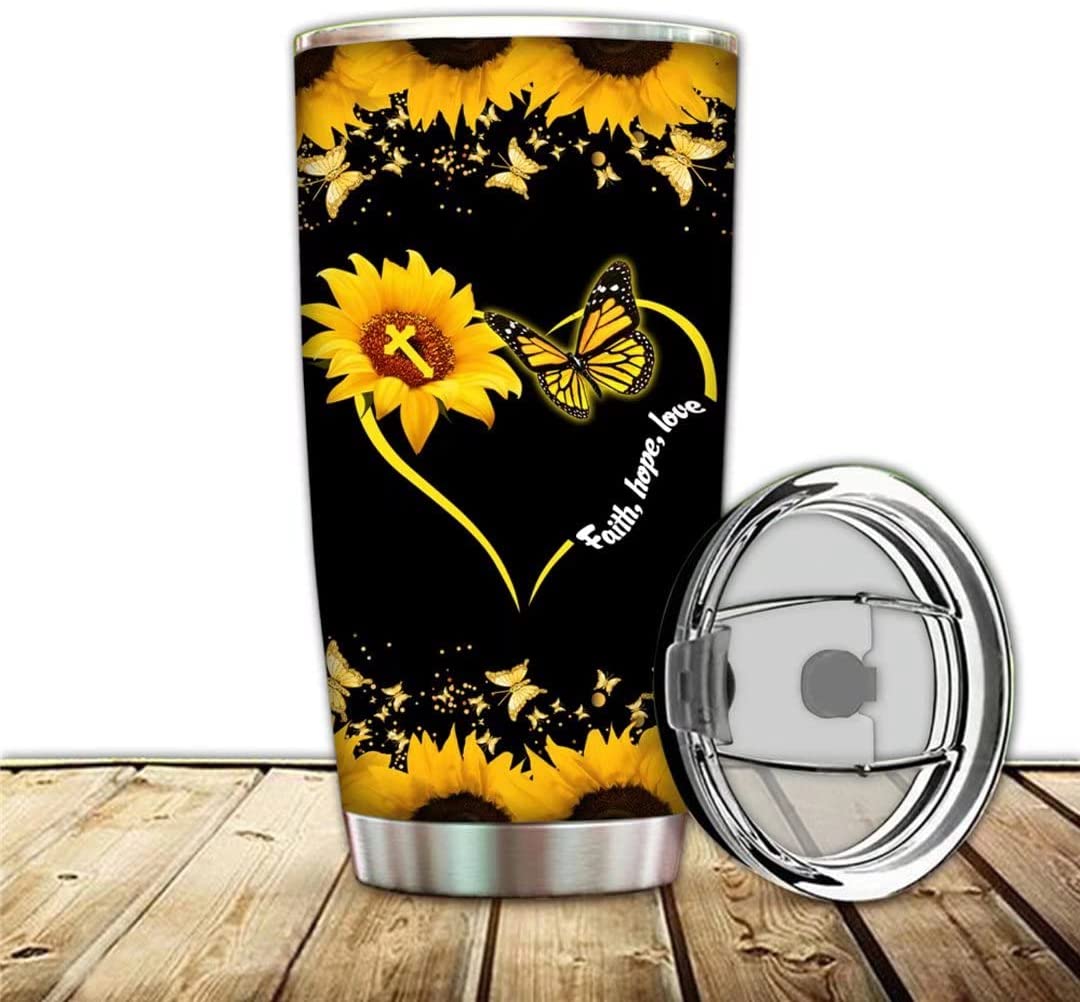 LE - 20 oz. Sunflower Tumbler with Lid and Straw Double Wall Stainless Steel Vacuum Insulated Black Butterfly Travel Mug, Water Coffee Cup for Home,Office,School, Ice Drink, Hot Beverage