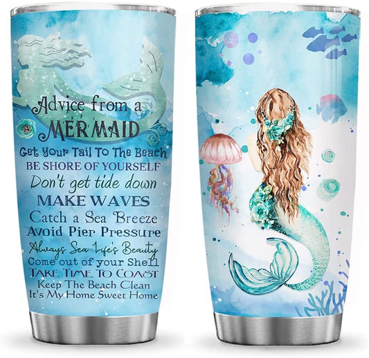 LE - 20oz Advice from A Mermaid Inspiration Motivation Ocean Sea Mermaid Tumbler Cup with Lid, Double Wall Vacuum Thermos Insulated Travel Coffee Mug