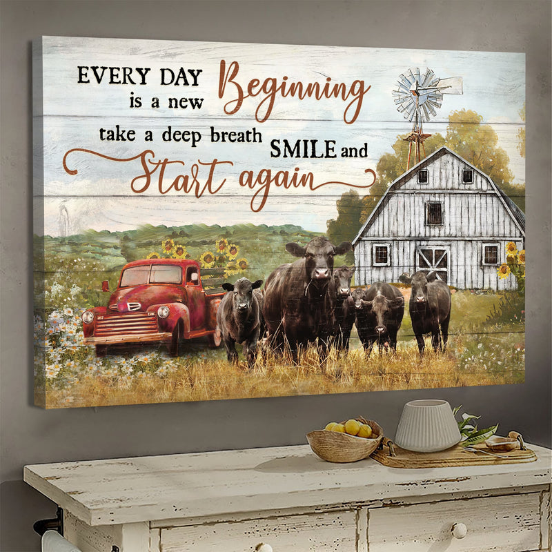 LE - Aberdeen Angus cow canvas, Sunflower Car, Tranquil farm, Every day is a new beginning - Jesus Landscape Canvas Prints, Wall Art