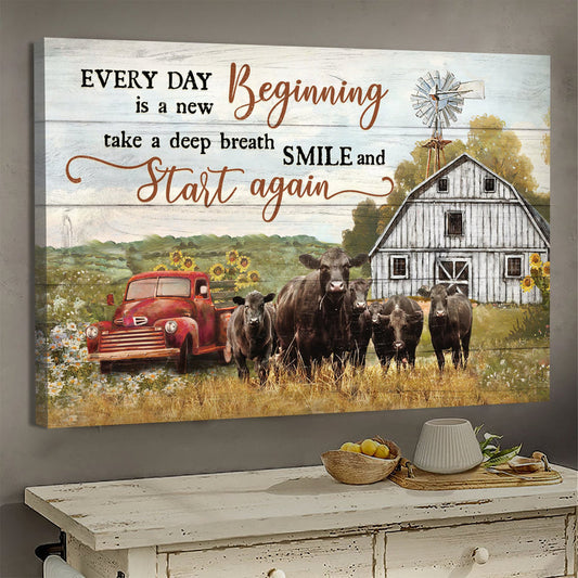 LE - Aberdeen Angus cow canvas, Sunflower Car, Tranquil farm, Every day is a new beginning - Jesus Landscape Canvas Prints, Wall Art