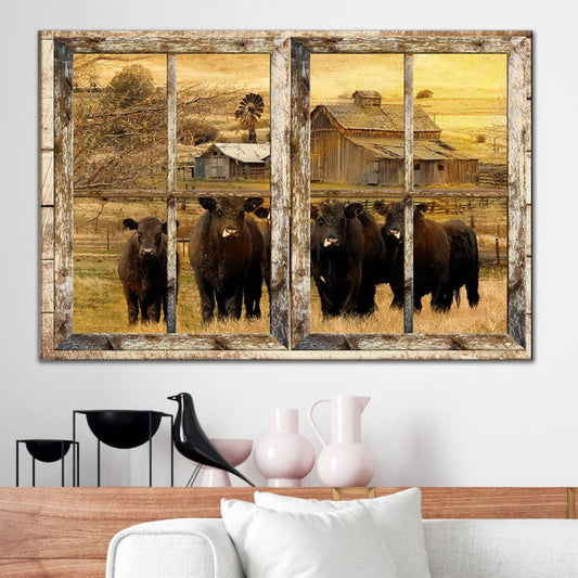 LE - Aberdeen Angus cow canvas, Through the window frame - Farm Landscape Canvas Prints, Wall Art