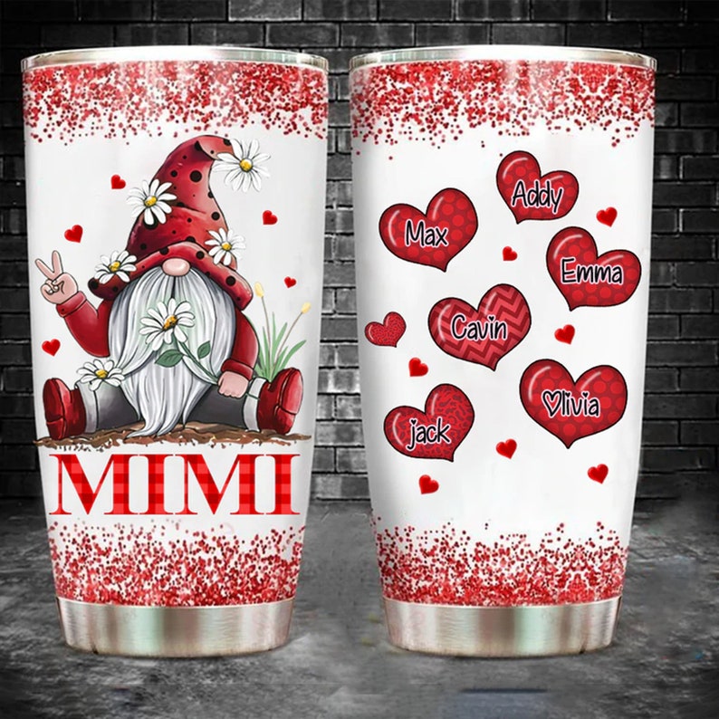 LE - 20oz 30oz Daisy Gnome Heart And Grandkid's Name Tumbler, Personalized Tumbler For Women , Grandma Mimi Nana Gift, Mother's Day Gift