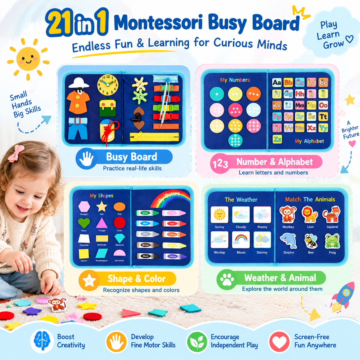 Lexirosa™ Montessori Busy Board for Toddlers